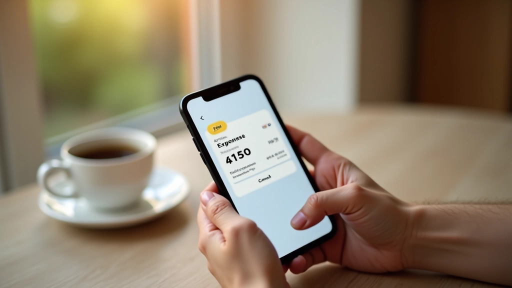 Hands holding smartphone displaying expense tracking app with financial data